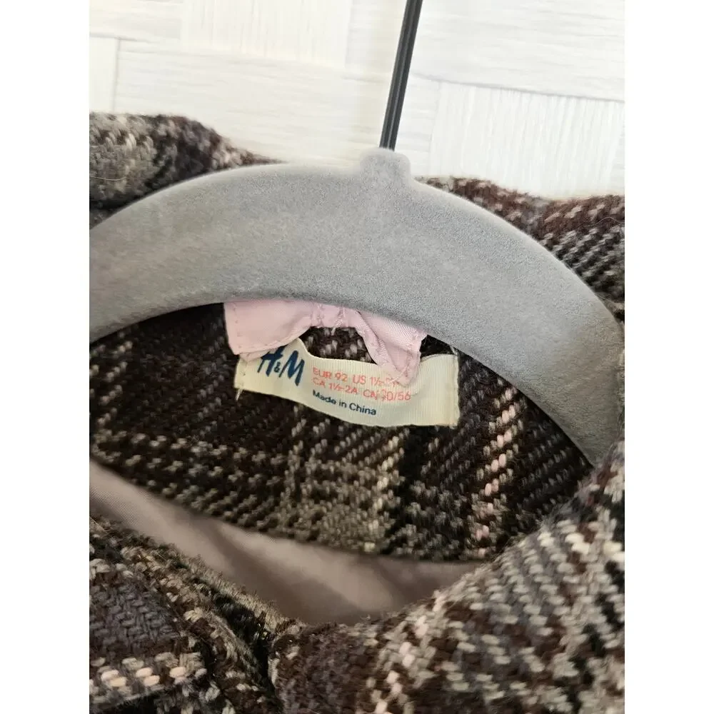 Vintage H&M Toddler Girls Gray & Pink Plaid Double-Breasted Peacoat.